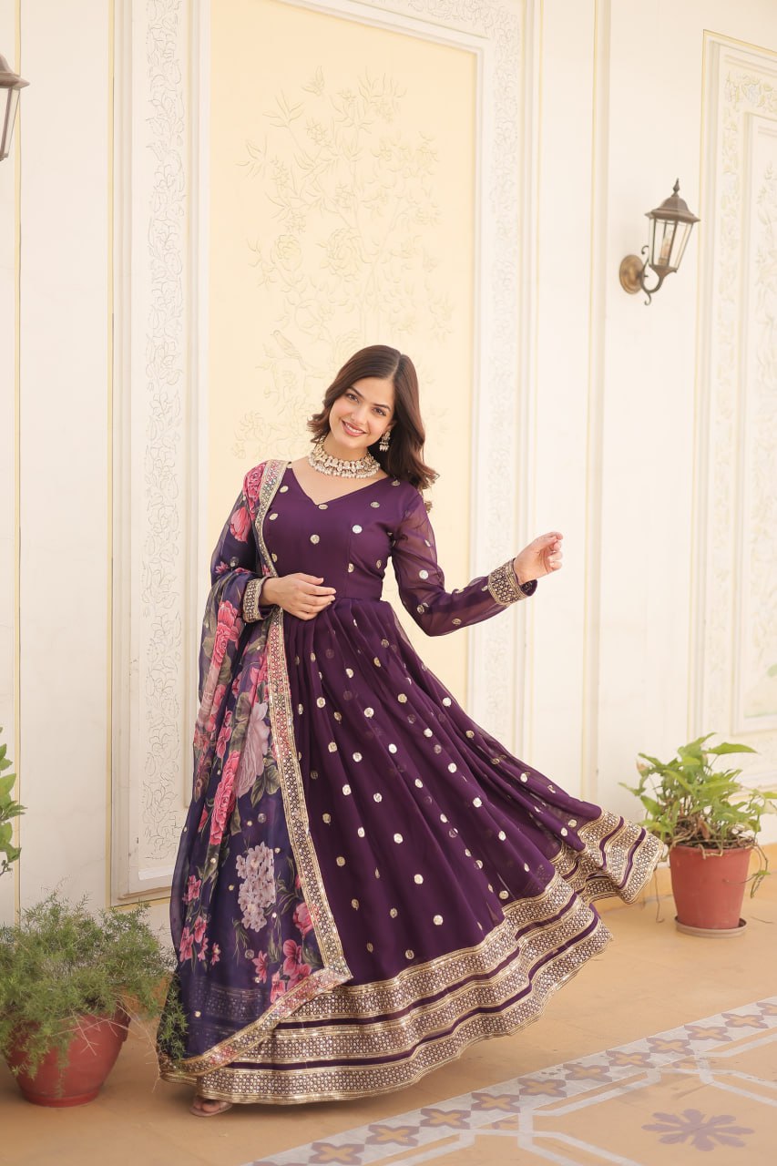 Entrancing Faux Georgette Zari Sequins Worked Designer Gown - INDIAN ELEGANCE