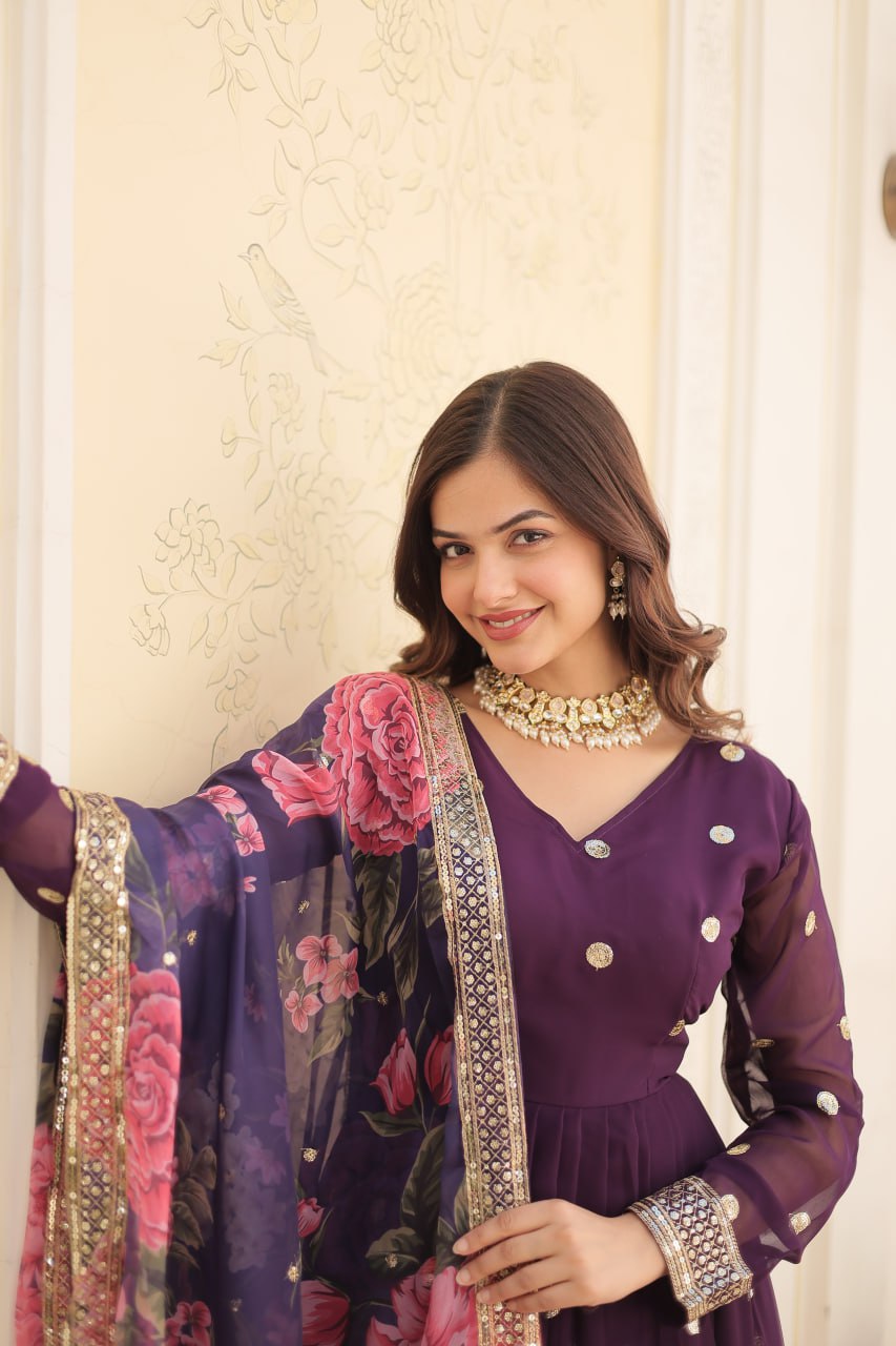 Entrancing Faux Georgette Zari Sequins Worked Designer Gown - INDIAN ELEGANCE