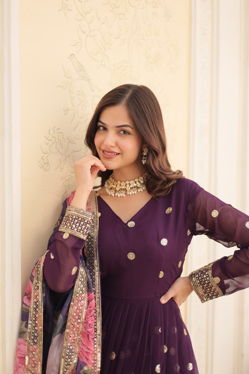 Entrancing Faux Georgette Zari Sequins Worked Designer Gown - INDIAN ELEGANCE