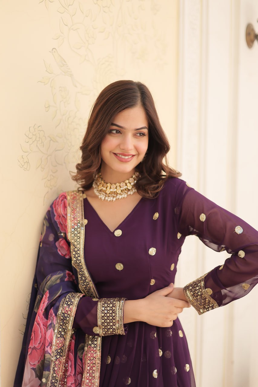Entrancing Faux Georgette Zari Sequins Worked Designer Gown - INDIAN ELEGANCE
