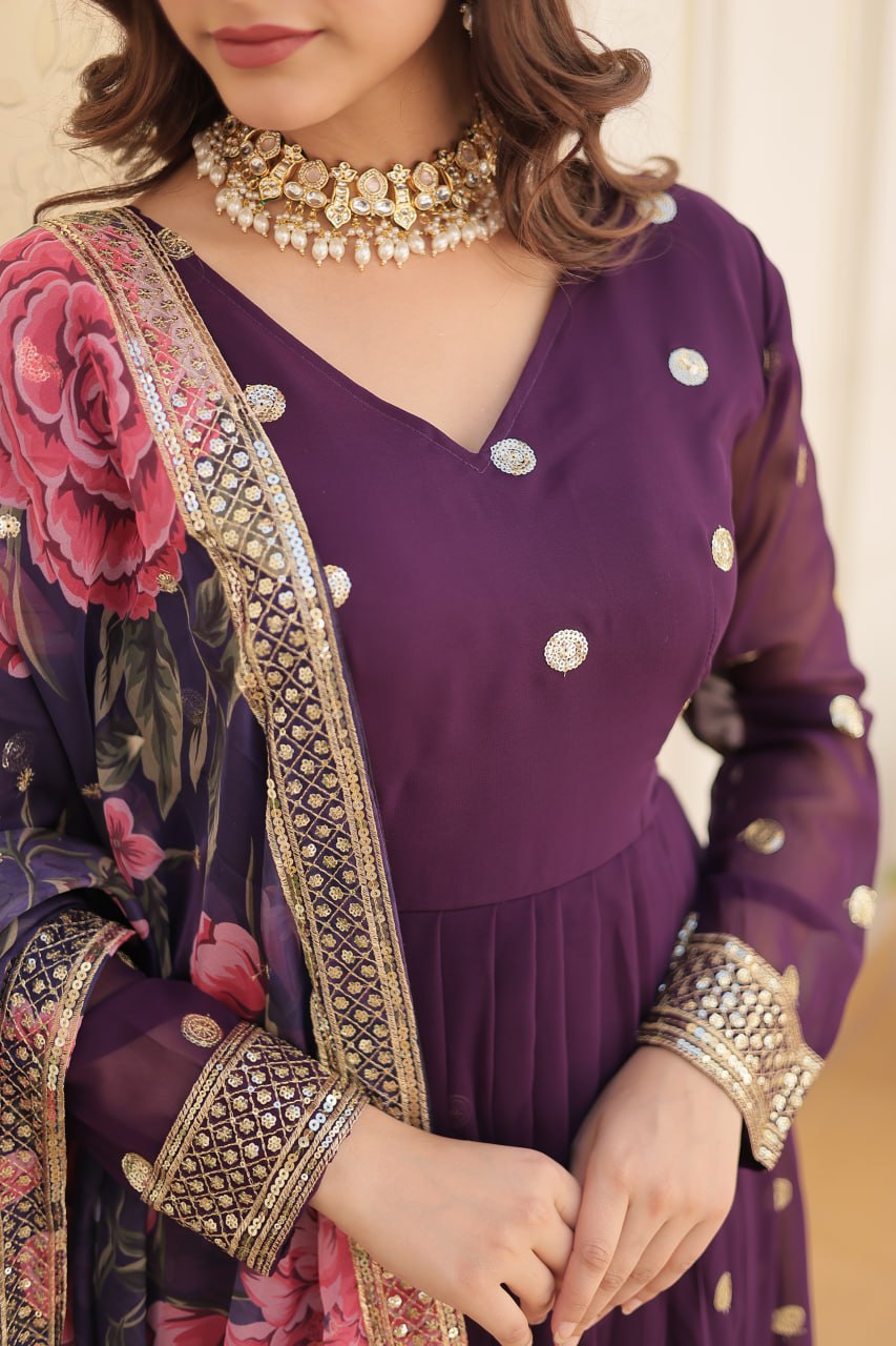 Entrancing Faux Georgette Zari Sequins Worked Designer Gown - INDIAN ELEGANCE