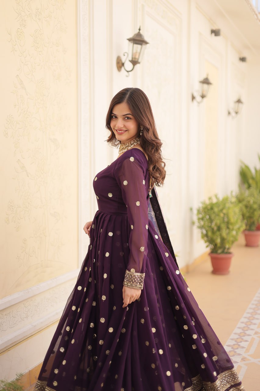Entrancing Faux Georgette Zari Sequins Worked Designer Gown - INDIAN ELEGANCE