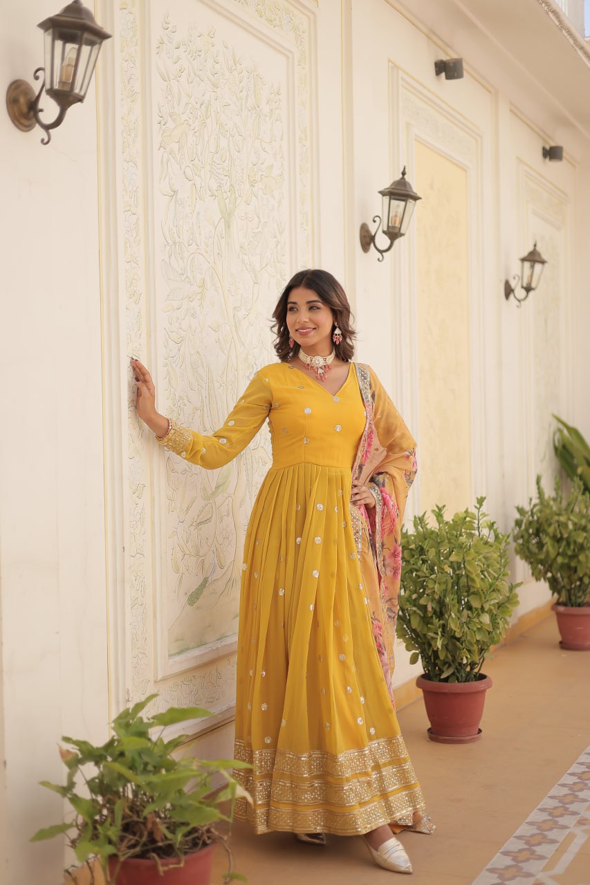 Entrancing Faux Georgette Zari Sequins Worked Designer Gown - INDIAN ELEGANCE