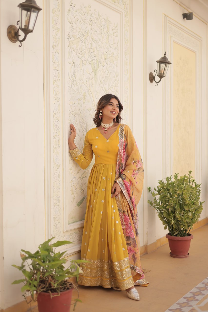 Entrancing Faux Georgette Zari Sequins Worked Designer Gown - INDIAN ELEGANCE