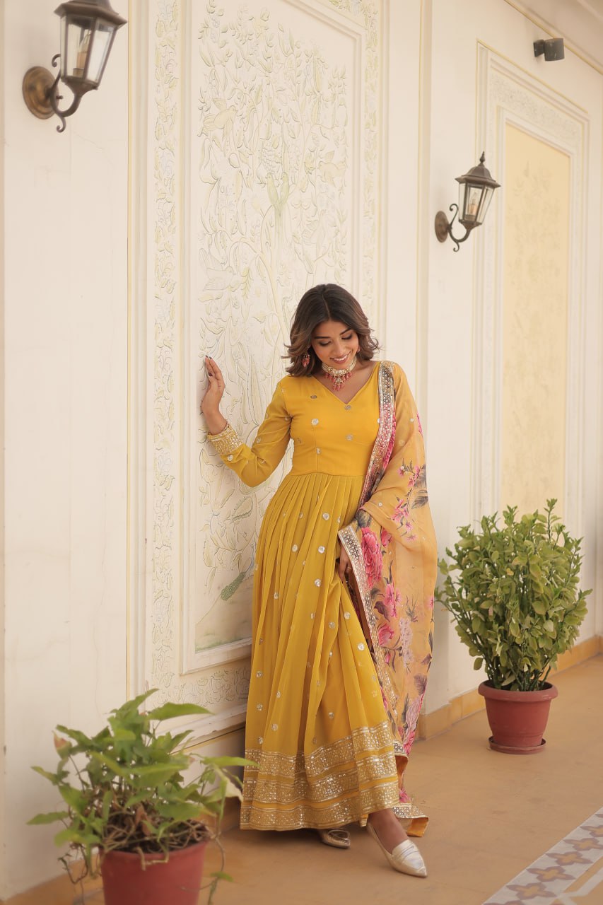 Entrancing Faux Georgette Zari Sequins Worked Designer Gown - INDIAN ELEGANCE