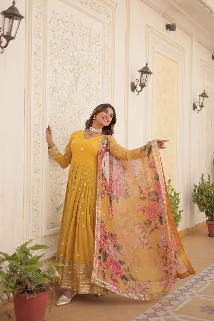 Entrancing Faux Georgette Zari Sequins Worked Designer Gown - INDIAN ELEGANCE