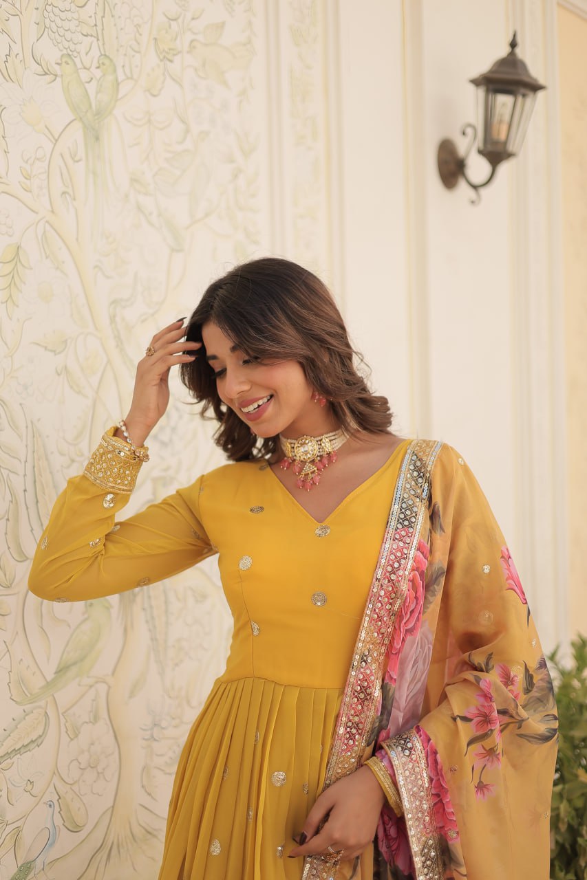Entrancing Faux Georgette Zari Sequins Worked Designer Gown - INDIAN ELEGANCE