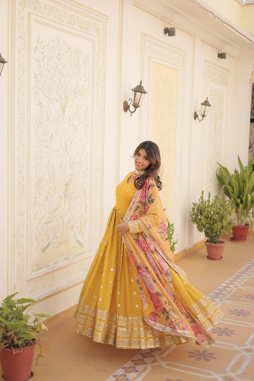Entrancing Faux Georgette Zari Sequins Worked Designer Gown - INDIAN ELEGANCE