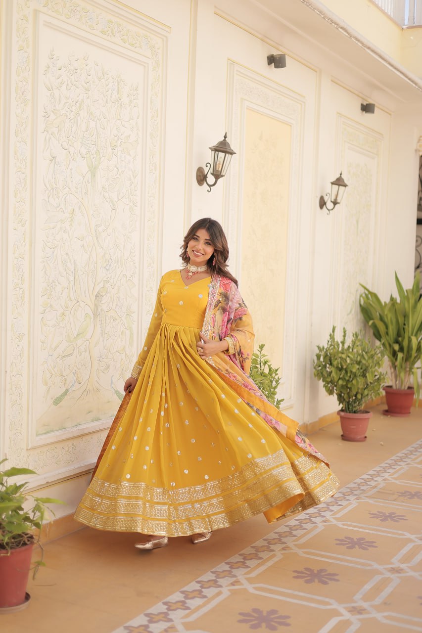 Entrancing Faux Georgette Zari Sequins Worked Designer Gown - INDIAN ELEGANCE