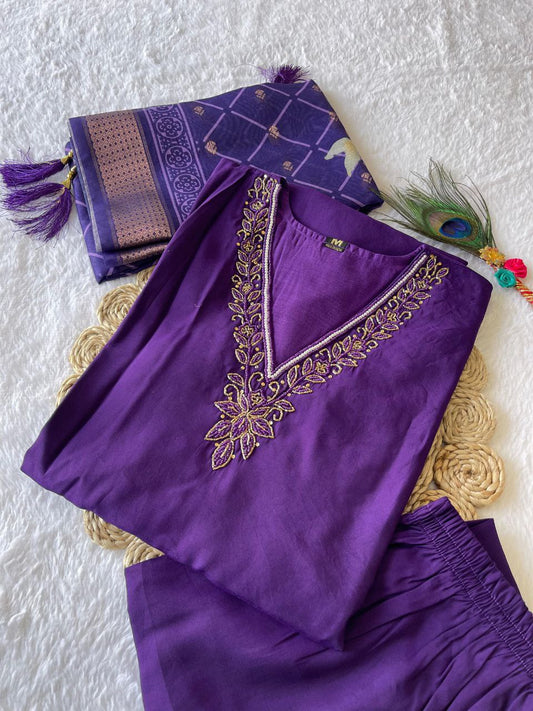 Lovely Purple Roman Silk Handworked Kurta Pant Dupatta Set - INDIAN ELEGANCE