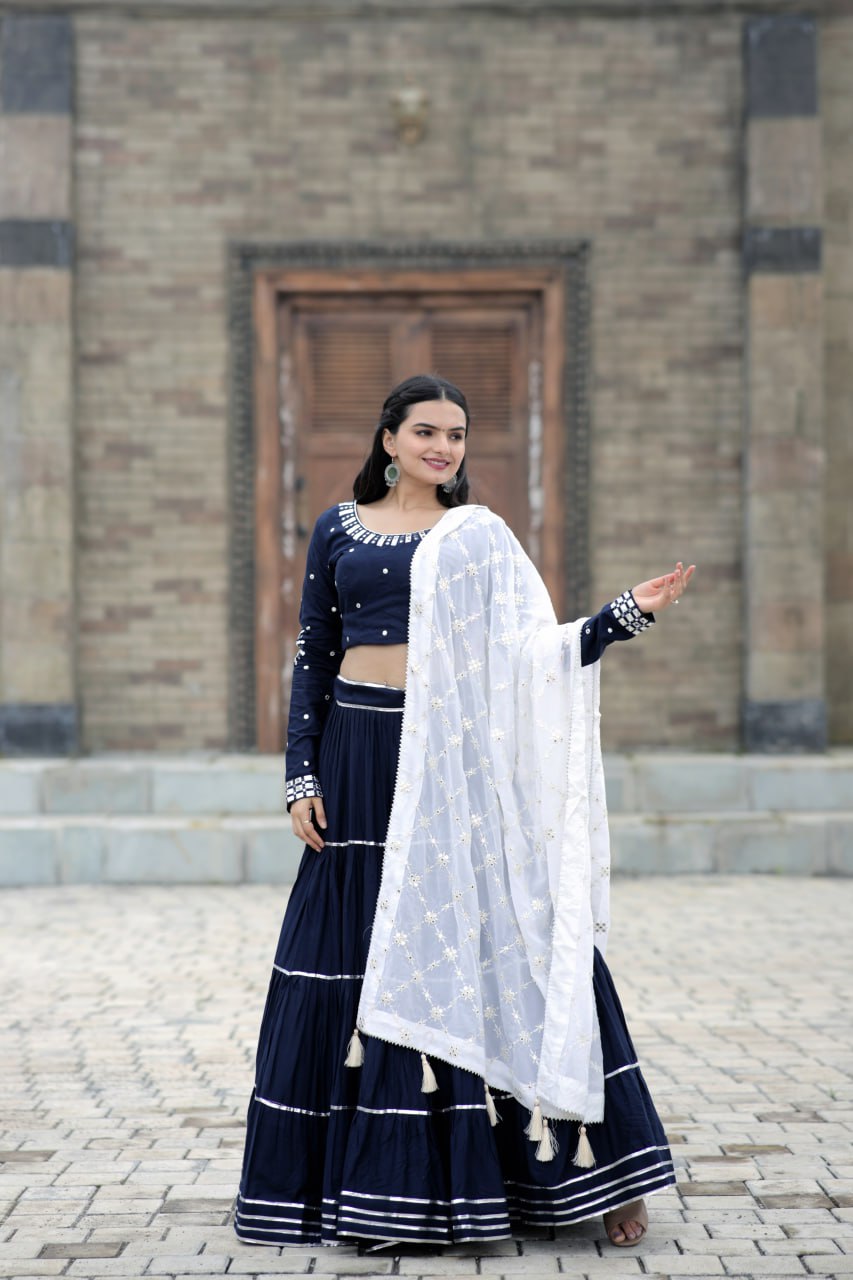 Fascinating Blue Foil Mirror Gota Patti Worked Navratri Lehenga Choli - INDIAN ELEGANCE