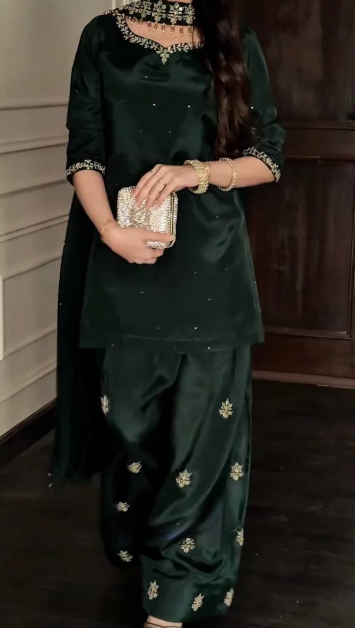 Bottle Green Heavy Natural Crepe palazzo Suit with Pearl & Sequence Work – Ready-to-Drape Set