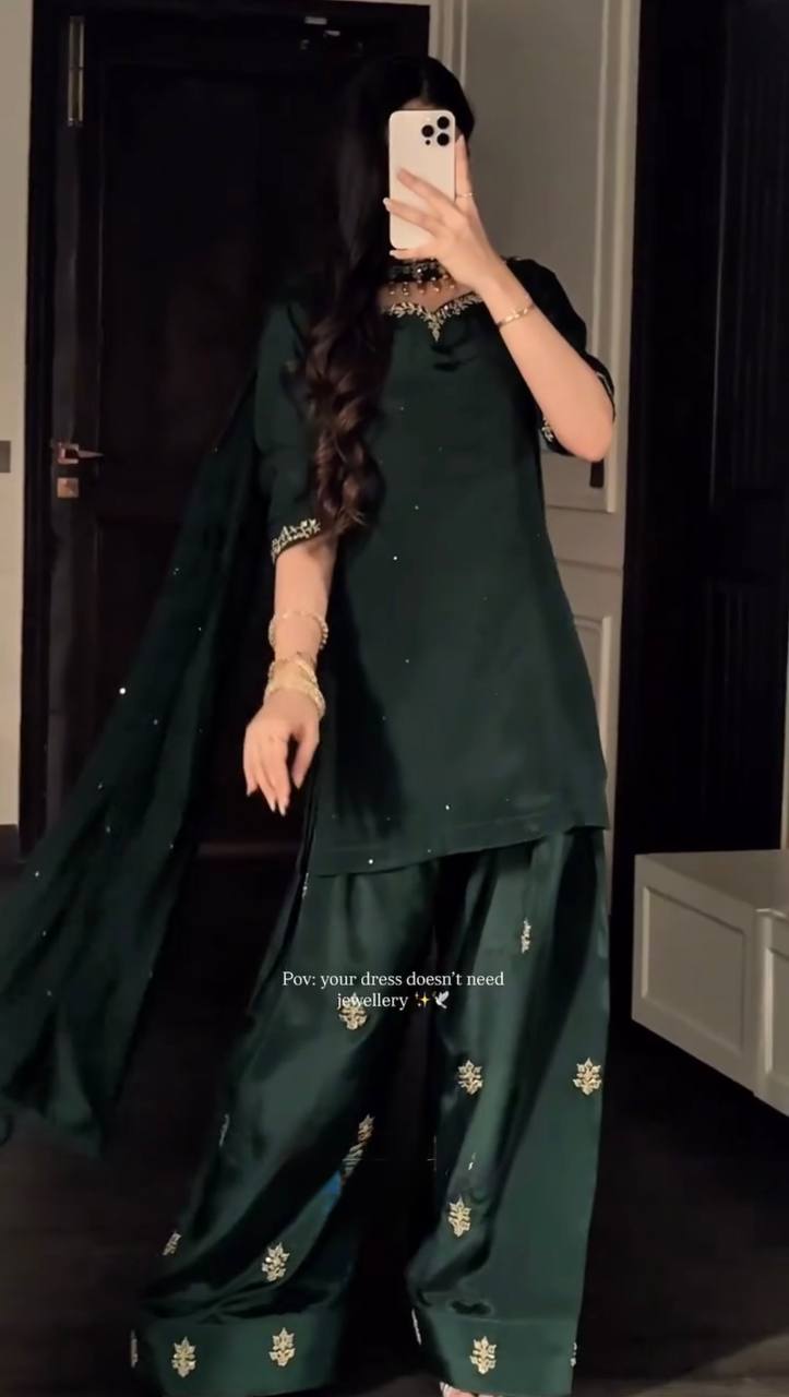 Bottle Green Heavy Natural Crepe palazzo Suit with Pearl & Sequence Work – Ready-to-Drape Set