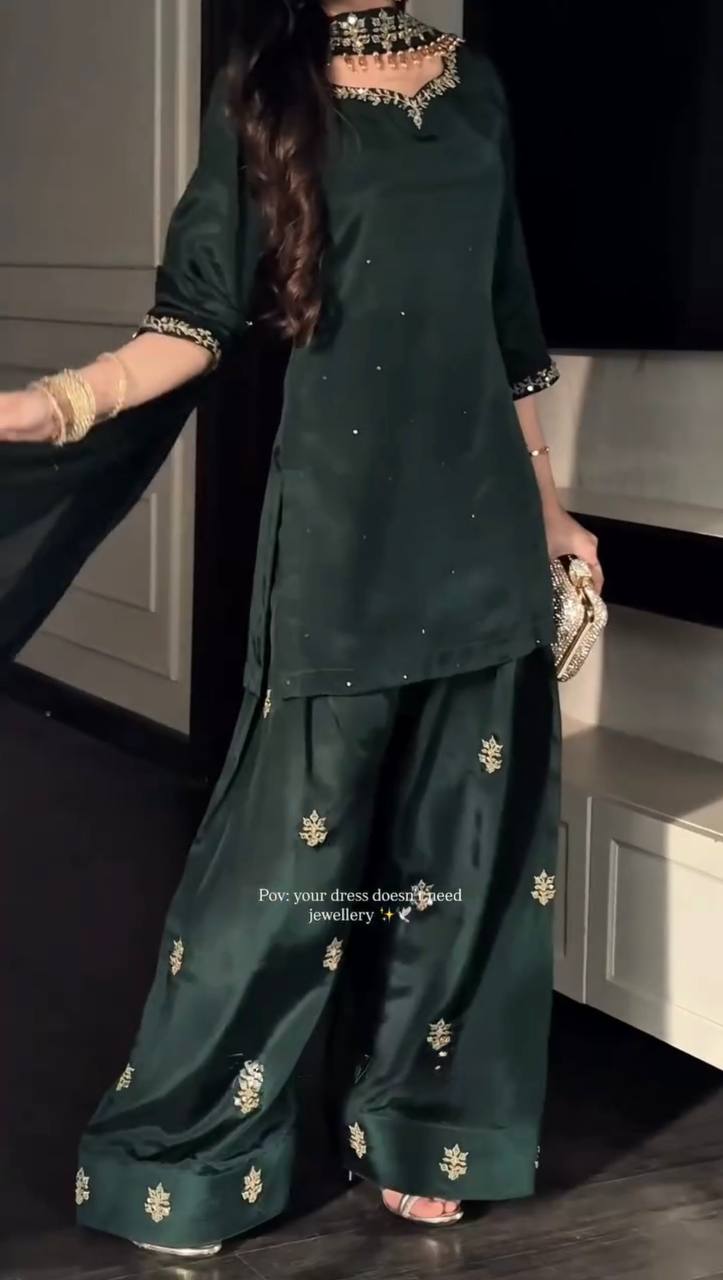 Bottle Green Heavy Natural Crepe palazzo Suit with Pearl & Sequence Work – Ready-to-Drape Set