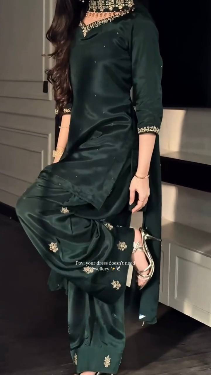 Bottle Green Heavy Natural Crepe palazzo Suit with Pearl & Sequence Work – Ready-to-Drape Set