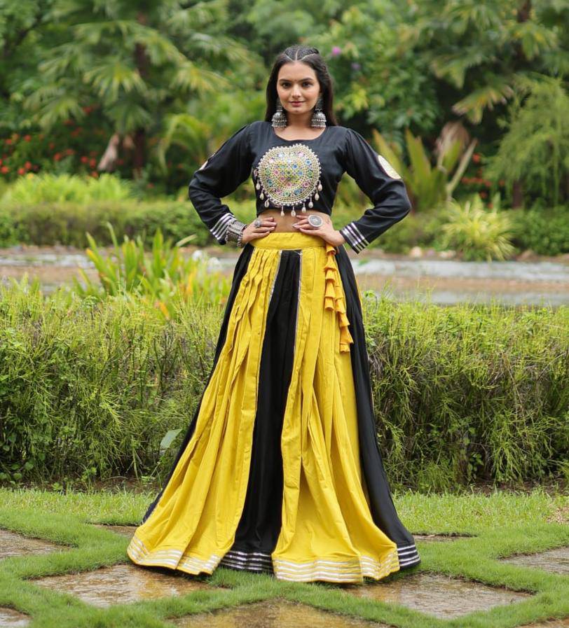 Luminous Yellow Black Navratri Wear Designer Lehenga Choli - INDIAN ELEGANCE