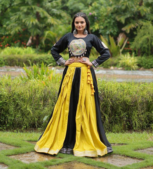 Luminous Yellow Black Navratri Wear Designer Lehenga Choli - INDIAN ELEGANCE