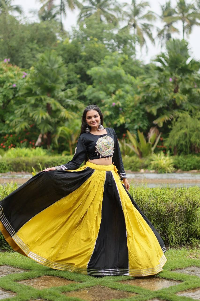 Luminous Yellow Black Navratri Wear Designer Lehenga Choli - INDIAN ELEGANCE