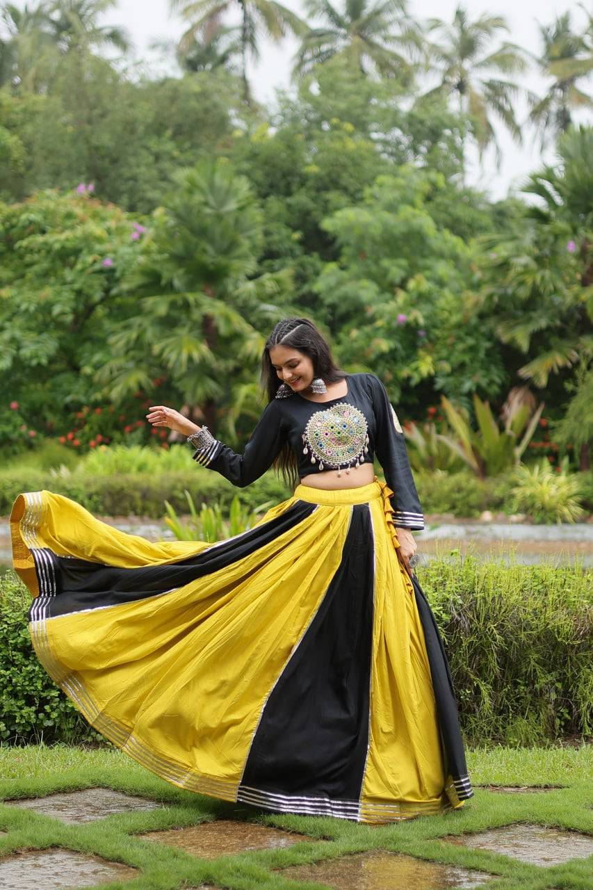 Luminous Yellow Black Navratri Wear Designer Lehenga Choli - INDIAN ELEGANCE