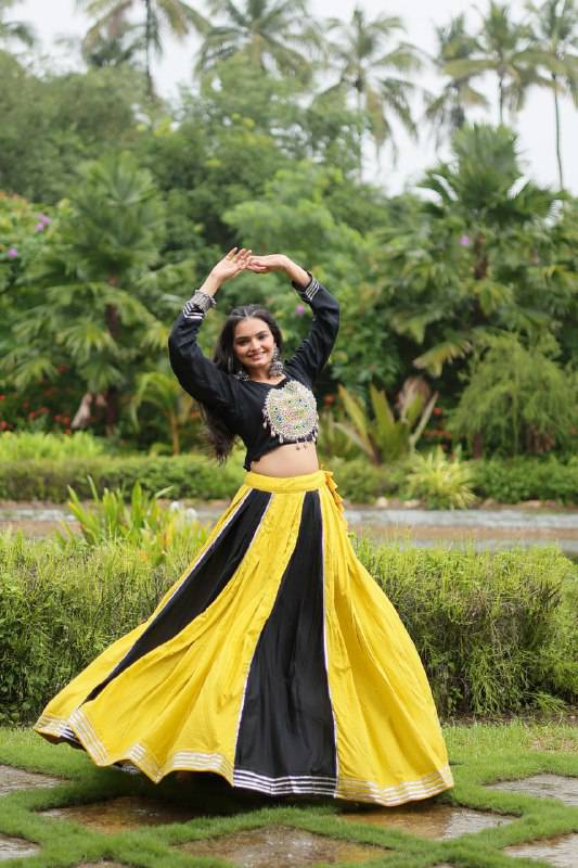Luminous Yellow Black Navratri Wear Designer Lehenga Choli - INDIAN ELEGANCE