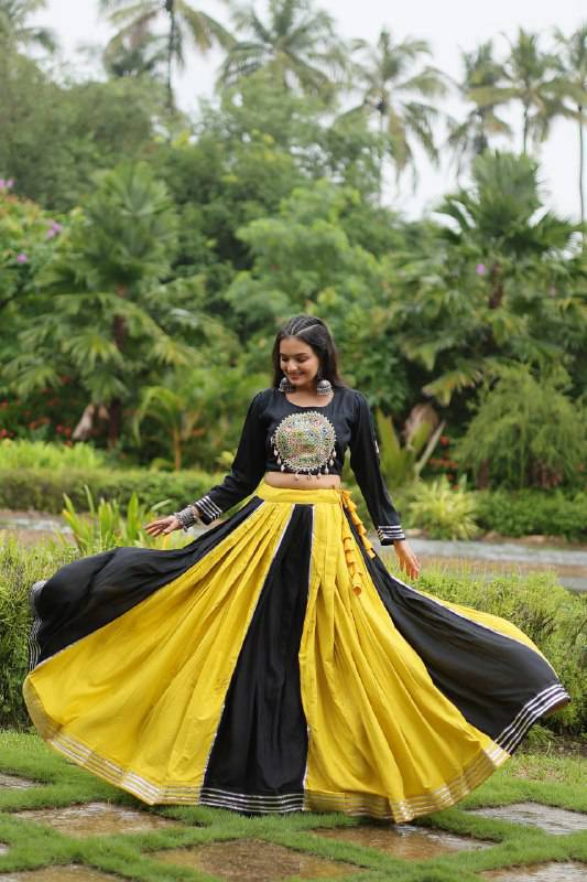 Luminous Yellow Black Navratri Wear Designer Lehenga Choli - INDIAN ELEGANCE