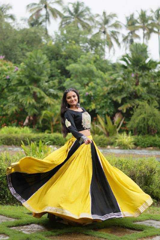 Luminous Yellow Black Navratri Wear Designer Lehenga Choli - INDIAN ELEGANCE