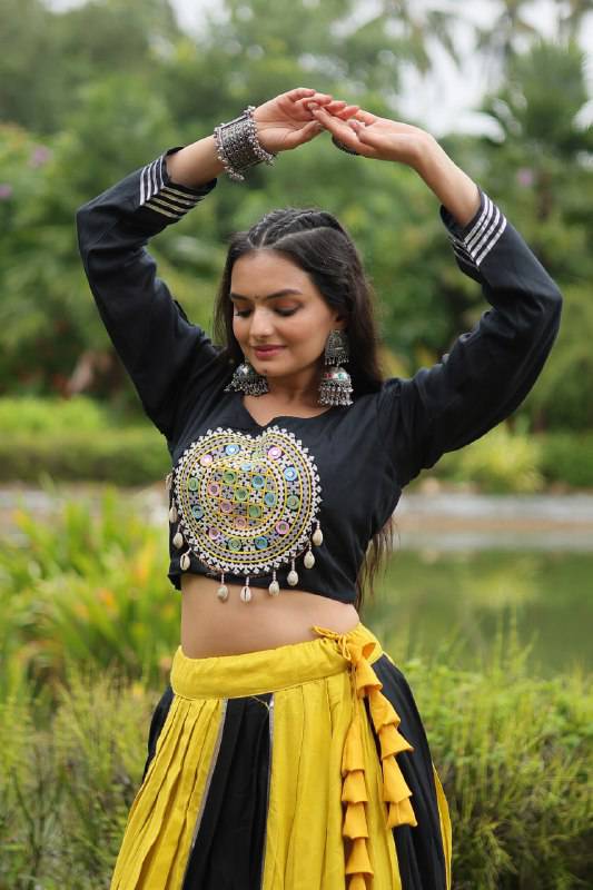 Luminous Yellow Black Navratri Wear Designer Lehenga Choli - INDIAN ELEGANCE