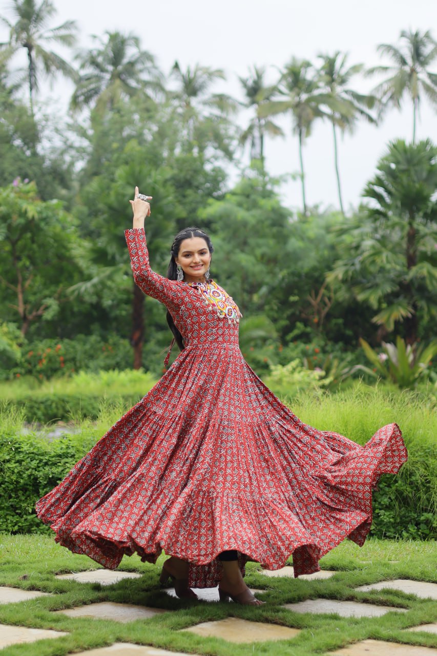 Spectacular Maroon Cotton Navratri Wear Designer Gown - INDIAN ELEGANCE