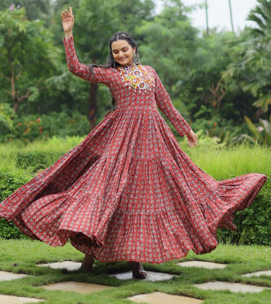 Spectacular Maroon Cotton Navratri Wear Designer Gown - INDIAN ELEGANCE