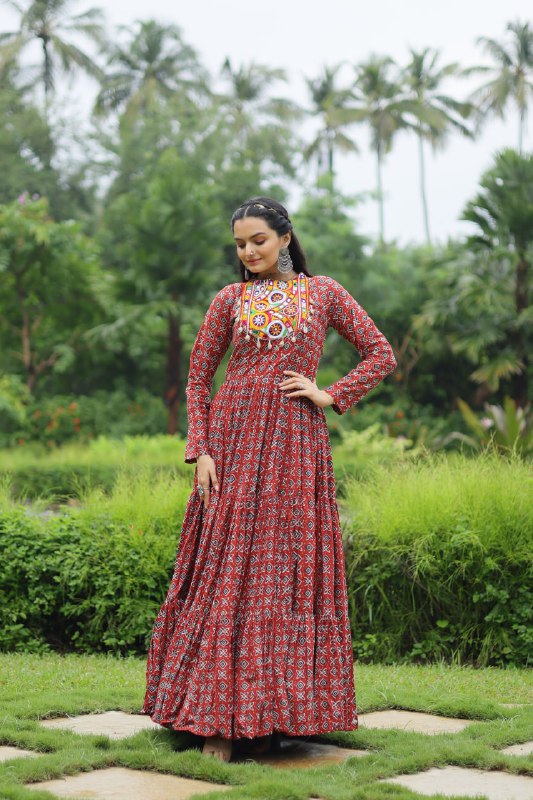 Spectacular Maroon Cotton Navratri Wear Designer Gown - INDIAN ELEGANCE