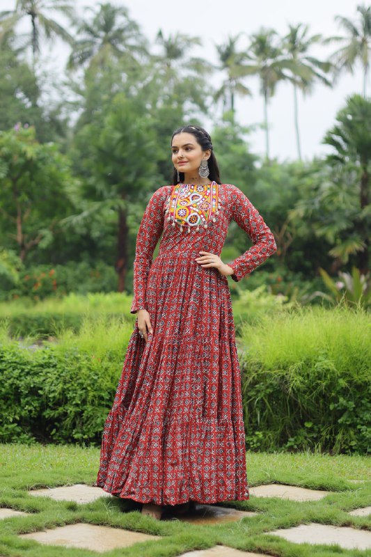 Spectacular Maroon Cotton Navratri Wear Designer Gown - INDIAN ELEGANCE
