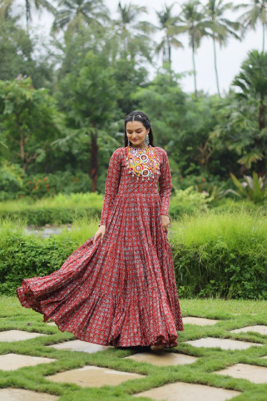Spectacular Maroon Cotton Navratri Wear Designer Gown - INDIAN ELEGANCE