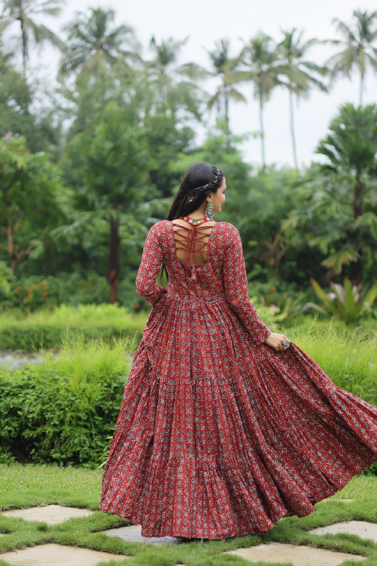 Spectacular Maroon Cotton Navratri Wear Designer Gown - INDIAN ELEGANCE
