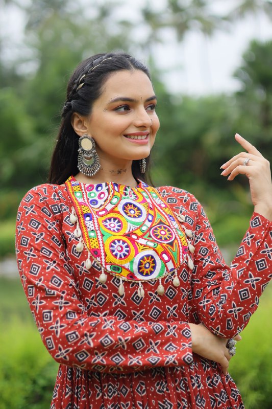 Spectacular Maroon Cotton Navratri Wear Designer Gown - INDIAN ELEGANCE