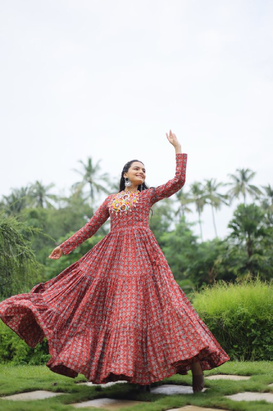 Spectacular Maroon Cotton Navratri Wear Designer Gown - INDIAN ELEGANCE