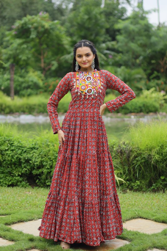 Spectacular Maroon Cotton Navratri Wear Designer Gown - INDIAN ELEGANCE