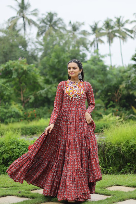 Spectacular Maroon Cotton Navratri Wear Designer Gown - INDIAN ELEGANCE
