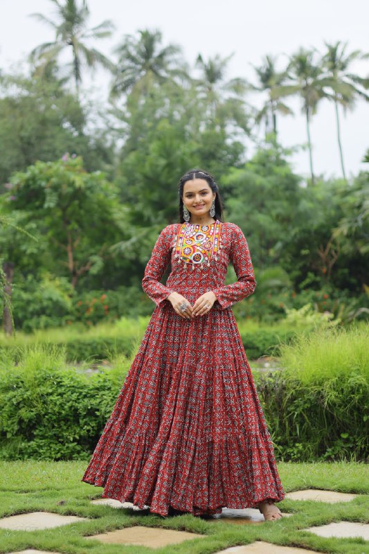 Spectacular Maroon Cotton Navratri Wear Designer Gown - INDIAN ELEGANCE