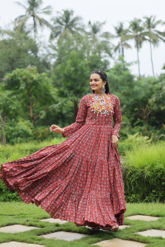 Spectacular Maroon Cotton Navratri Wear Designer Gown - INDIAN ELEGANCE