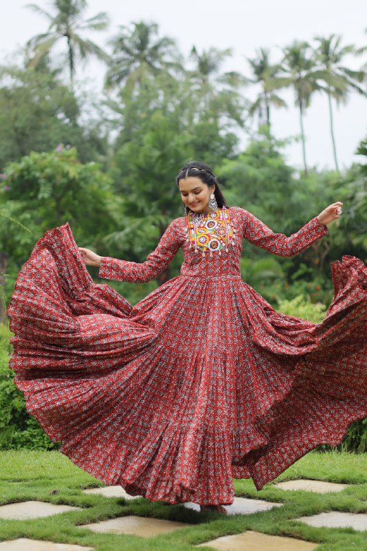 Spectacular Maroon Cotton Navratri Wear Designer Gown - INDIAN ELEGANCE