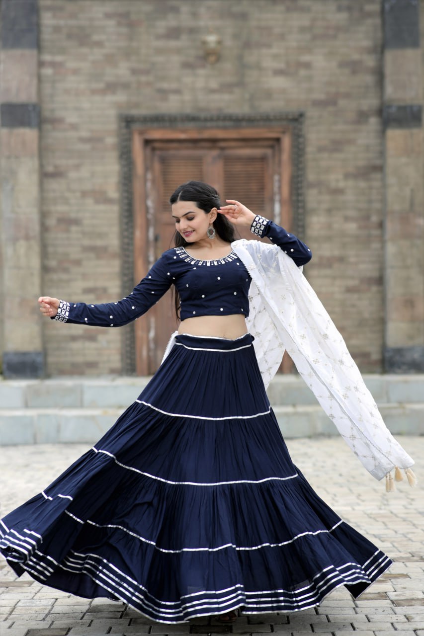 Fascinating Blue Foil Mirror Gota Patti Worked Navratri Lehenga Choli - INDIAN ELEGANCE