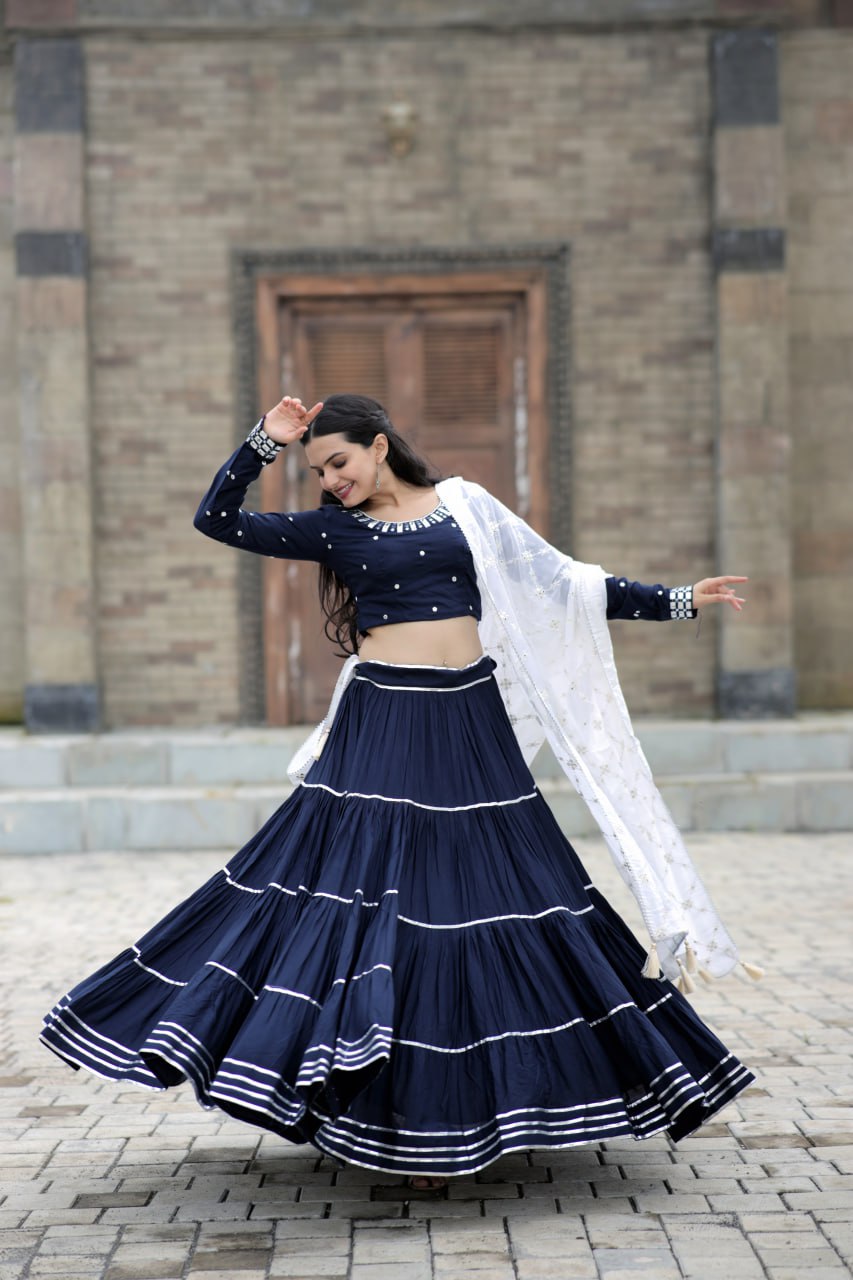 Fascinating Blue Foil Mirror Gota Patti Worked Navratri Lehenga Choli - INDIAN ELEGANCE