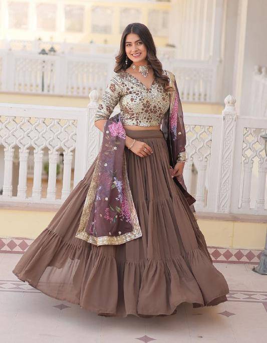Vibrant Brown Faux Georgette Sequins Embroidered Lehenga Choli - INDIAN ELEGANCE
