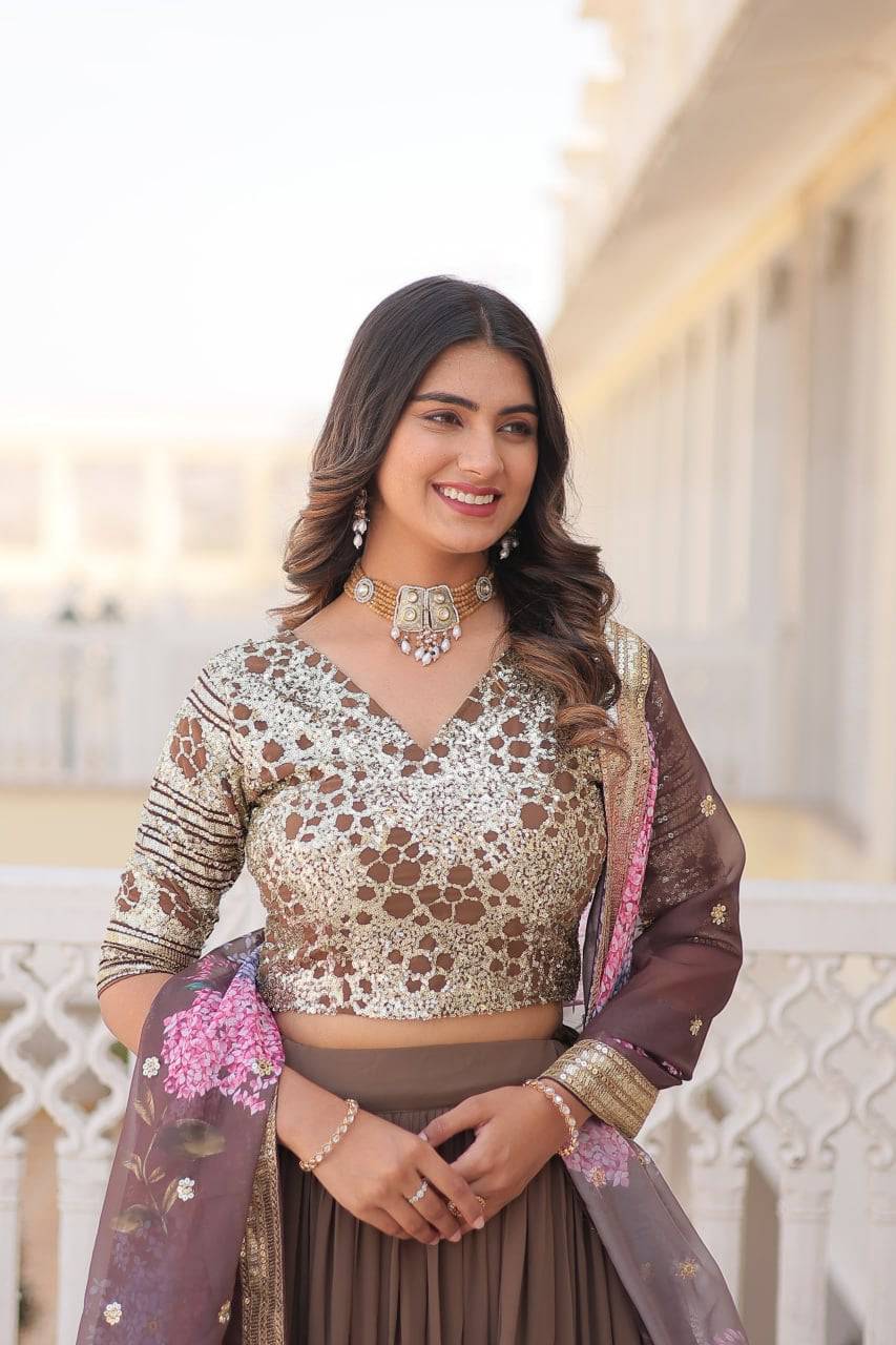 Vibrant Brown Faux Georgette Sequins Embroidered Lehenga Choli - INDIAN ELEGANCE