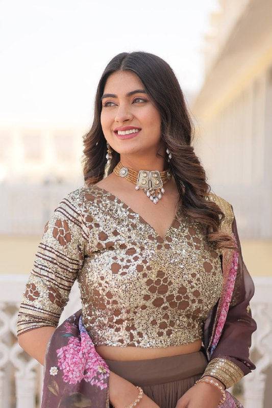 Vibrant Brown Faux Georgette Sequins Embroidered Lehenga Choli - INDIAN ELEGANCE