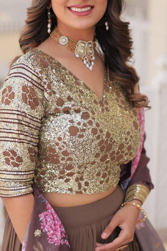 Vibrant Brown Faux Georgette Sequins Embroidered Lehenga Choli - INDIAN ELEGANCE