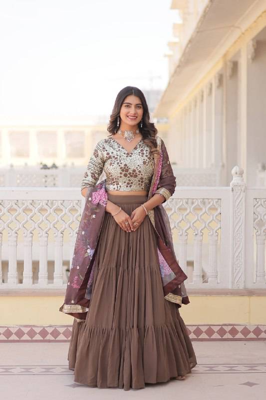 Vibrant Brown Faux Georgette Sequins Embroidered Lehenga Choli - INDIAN ELEGANCE