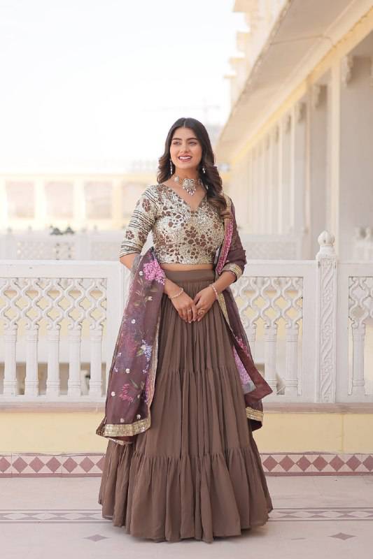 Vibrant Brown Faux Georgette Sequins Embroidered Lehenga Choli - INDIAN ELEGANCE