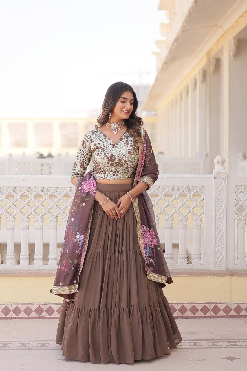 Vibrant Brown Faux Georgette Sequins Embroidered Lehenga Choli - INDIAN ELEGANCE