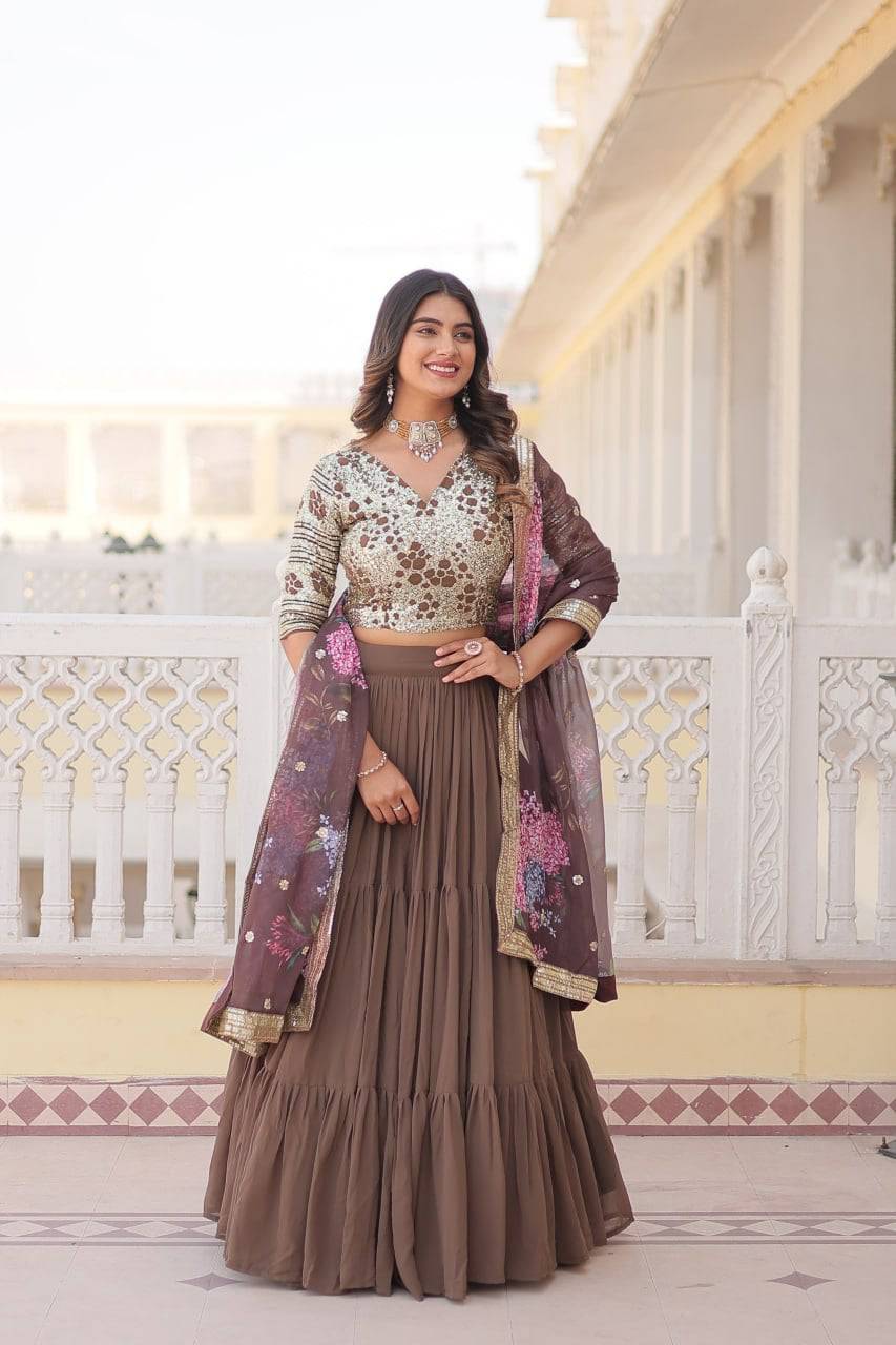 Vibrant Brown Faux Georgette Sequins Embroidered Lehenga Choli - INDIAN ELEGANCE